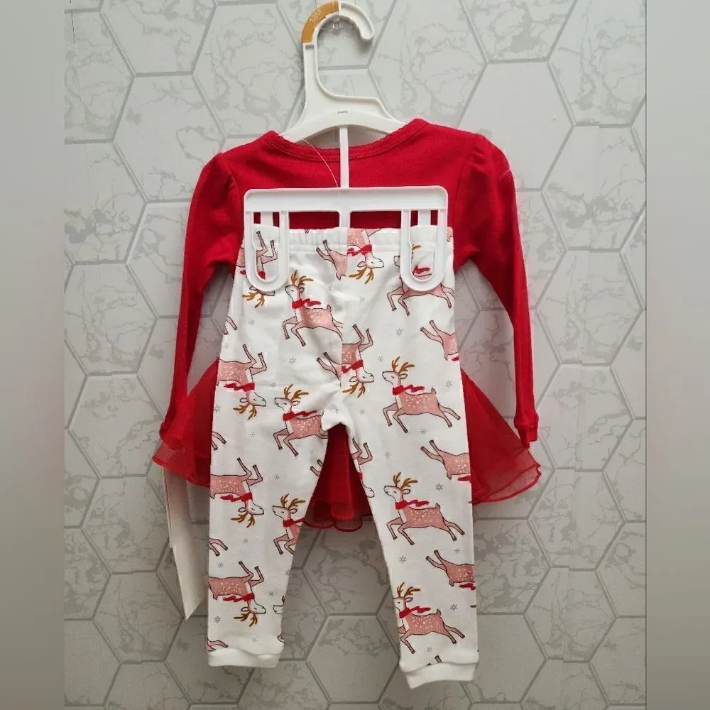 Nwt Girls' Reindeer Tutu Pajama Set - White/Red